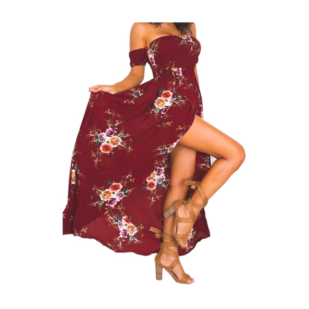 Maroon Chiffon Off the shoulder maxi dress